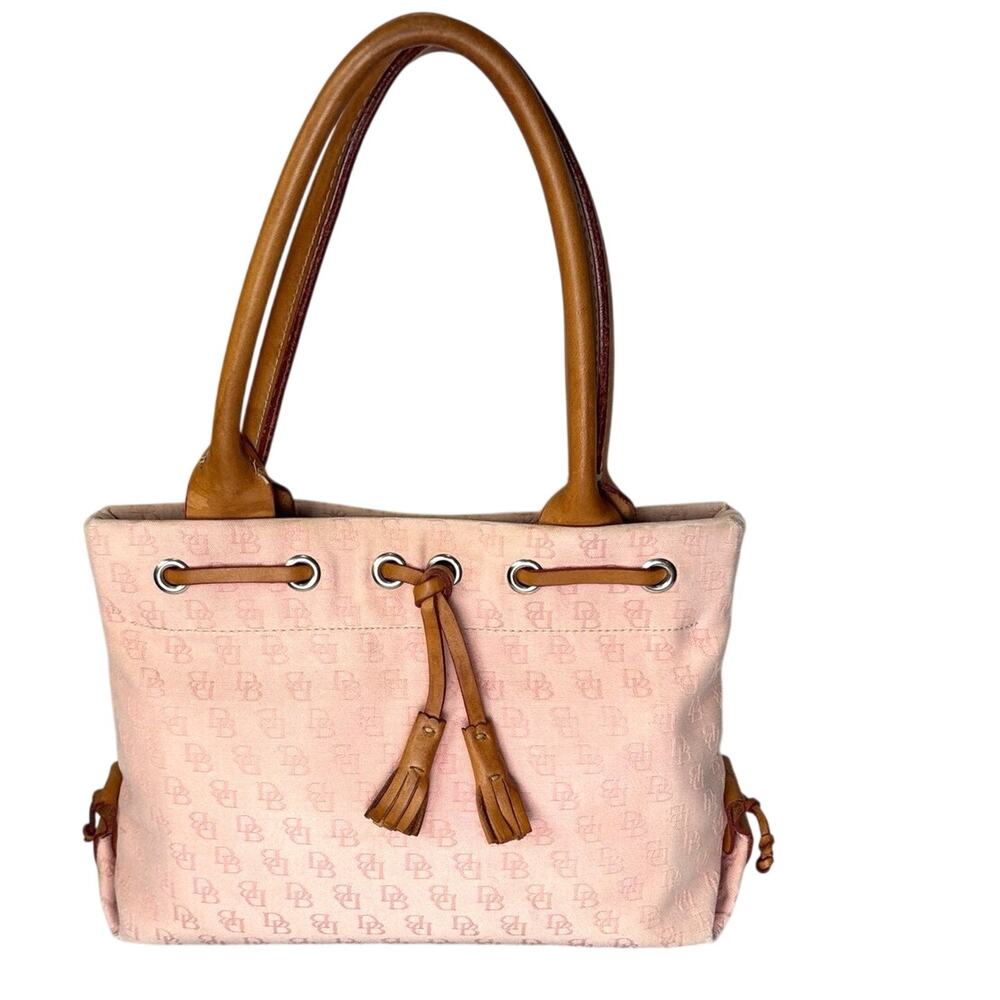 Dooney & Bourke Pink Logo Tote Bag Brown Leather Drawstring Tassel VTG Y2K